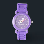Purple kid's watch with cute cat design<br><div class="desc">Purple kid's watch with cute cat design. Personalized wrist watches for children. Cute Birthday gift idea for girls. Silhouette of white kitten design. Purple background.</div>