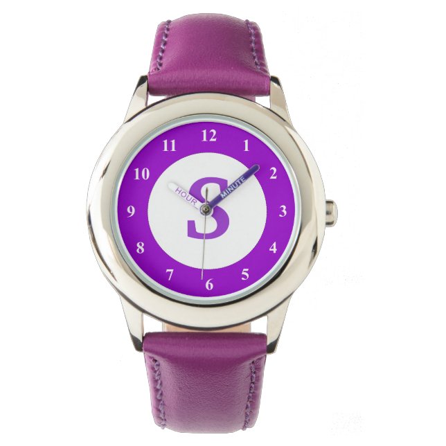 Purple kid's watch with small custom monogram icon (Front)