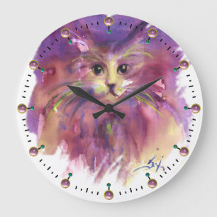 PURPLE KITTEN,CUTE KITTY CAT PORTRAIT Gemstones Large Clock