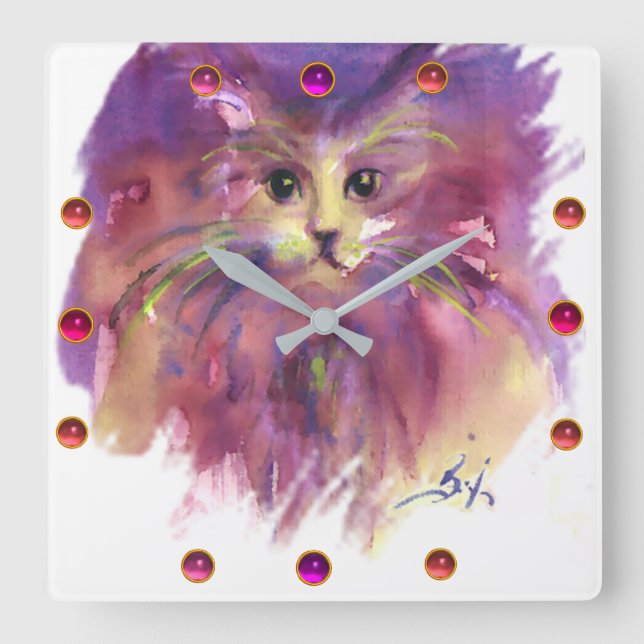 PURPLE KITTEN,CUTE KITTY CAT PORTRAIT Gemstones Square Wall Clock (Front)