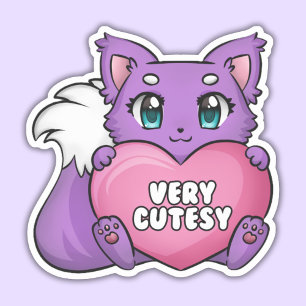 Purple Kitten Holding Heart, Very Cutesy Sticker.