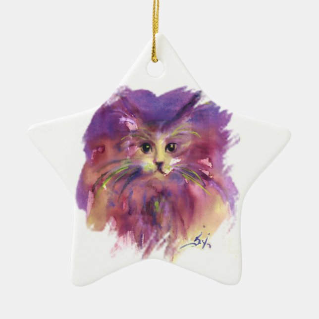 PURPLE KITTEN,KITTY CAT PORTRAIT,Amethyst Gem Ceramic Ornament (Front)
