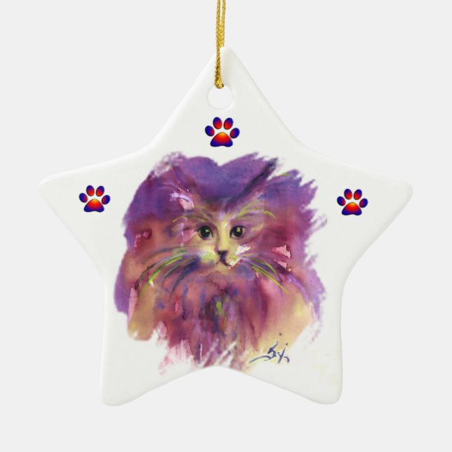 PURPLE KITTEN,KITTY CAT PORTRAIT,Colourful Paws Ceramic Tree Decoration (Front)