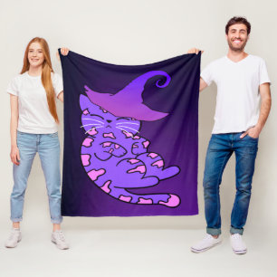 Purple Kittens with Witch Hats and Stars Fleece Blanket