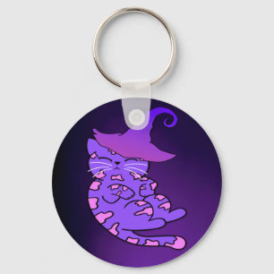 Purple Kittens with Witch Hats and Stars Key Ring