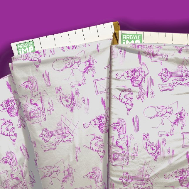 Purple Kitty Cat Bathroom Toile Fabric (close-up with ruler)