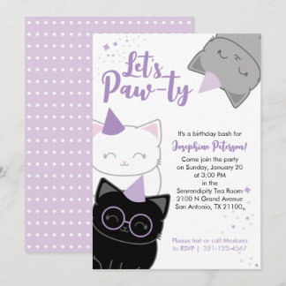 Purple Kitty Cat Fun Birthday Party Evite or Print Invitation