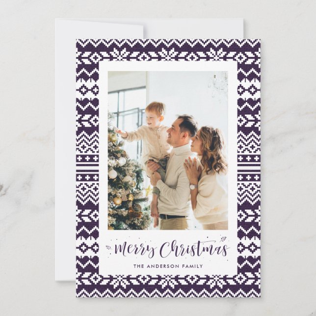 Purple Knitted Sweater Photo Christmas Card (Front)