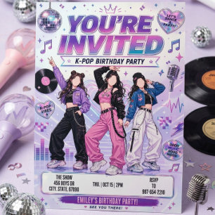 Purple Kpop Dance Party Birthday Invitation
