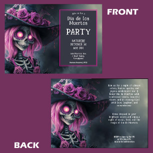 💀 Purple La Calavera in hat with flowers Invitation