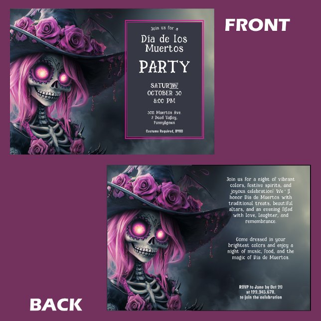 💀 Purple La Calavera in hat with flowers Invitation (💀 Purple La Calavera in hat with flowers Invitation)