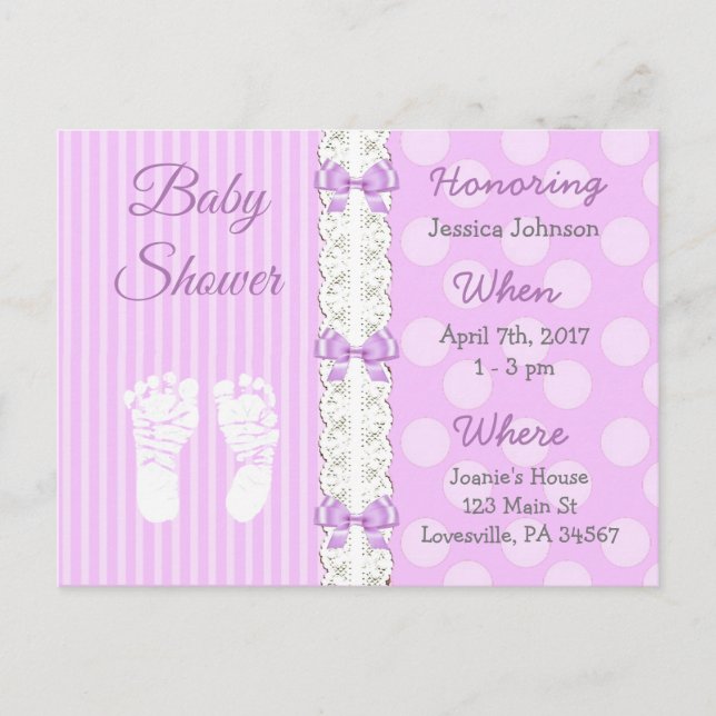 Purple Lace and Bow Girl's  Baby Shower Invitation Postcard (Front)