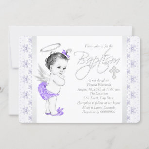 Purple Lace Angel Baby Girl Baptism Invitation