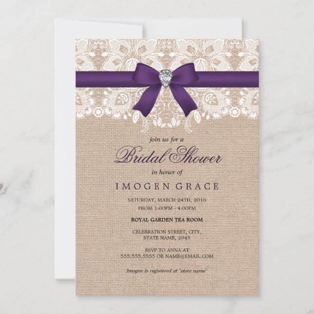 Purple Lace & Burlap Bridal Shower Invite (Front)