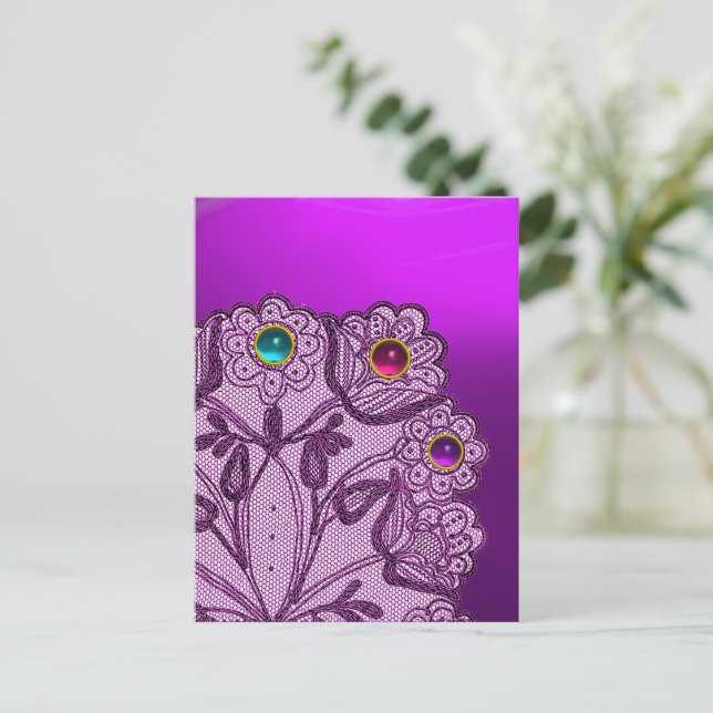 PURPLE LACE FLOWERS AND COLORFUL GEMSTONES POSTCARD (Standing Front)