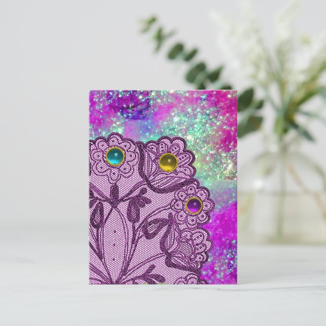 PURPLE LACE FLOWERS AND COLORFUL GEMSTONES POSTCARD (Standing Front)