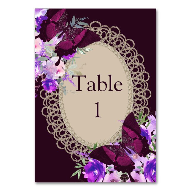 Purple Lace Glamourous Table Numbers Seating Card (Front)