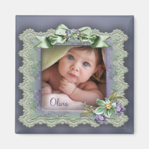 Purple Lace Photo Frame Baby Girl Birth Magnets
