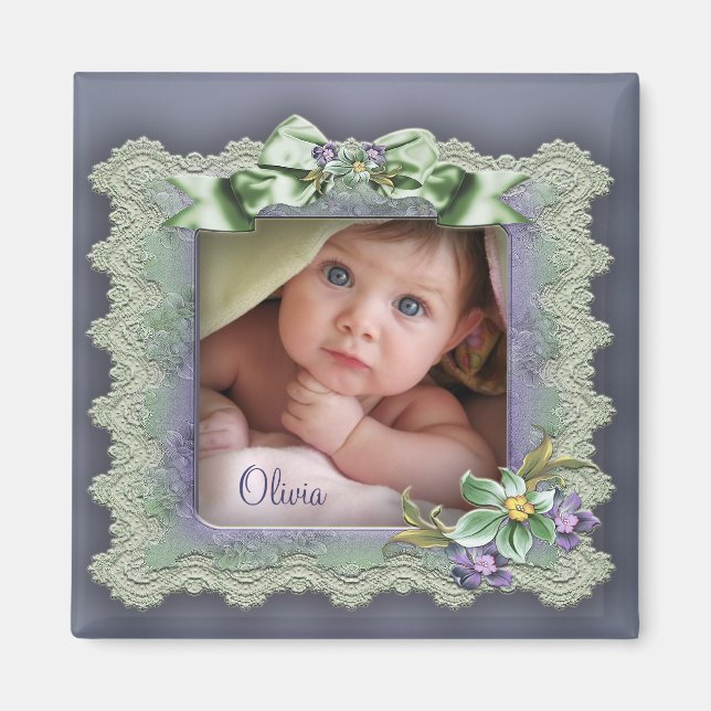 Purple Lace Photo Frame Baby Girl Birth Magnets (Front)