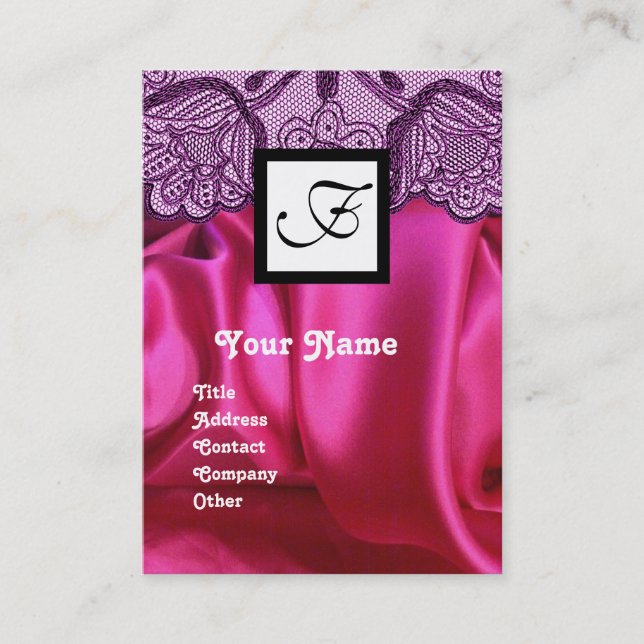 PURPLE LACE PINK FUCHSIA SILKCLOTH,SQUARE MONOGRAM BUSINESS CARD (Front)