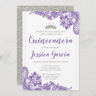 Purple Lace & Silver Glitter Princess Quinceañera Invitation