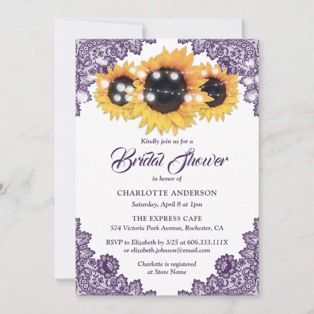 Purple Lace Sunflower String Lights Bridal Shower Invitation (Front)
