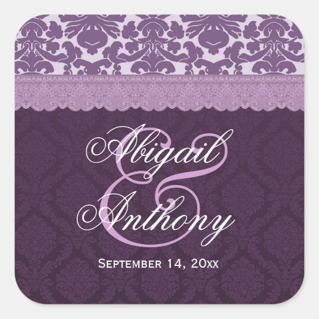 Purple Lace Wedding Damask V08 Square Sticker (Front)