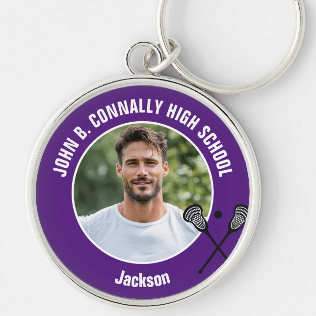 Purple Lacrosse Player Photo High School Spirit Key Ring (Front)