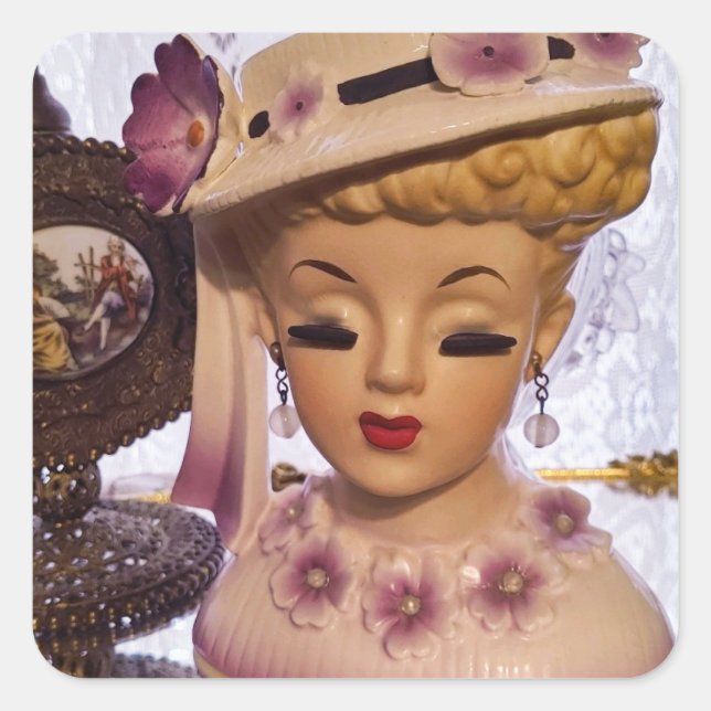 Purple Lady Head Vase Flowers Perfume Bottle Square Sticker (Front)