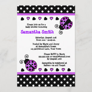 Purple Ladybug Baby Shower Black White Polka Dots Invitation