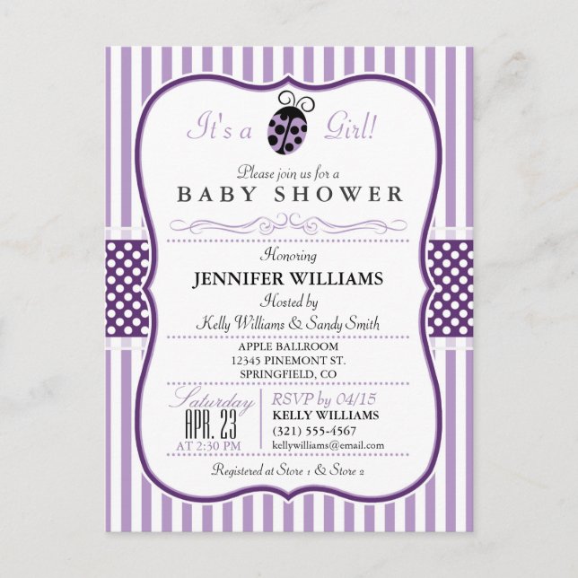 Purple Ladybug; Girl Baby Shower Invitation Postcard (Front)