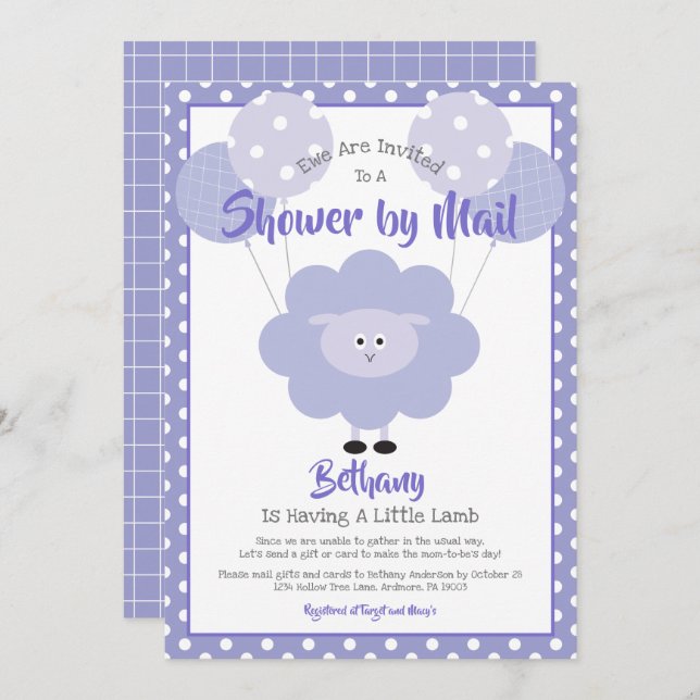 Purple Lamb Baby Shower by Mail Cute Simple Modern Invitation (Front/Back)