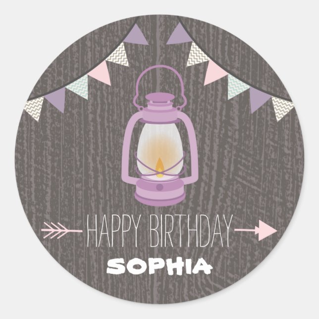 Purple Lantern Camping Birthday Sticker (Front)