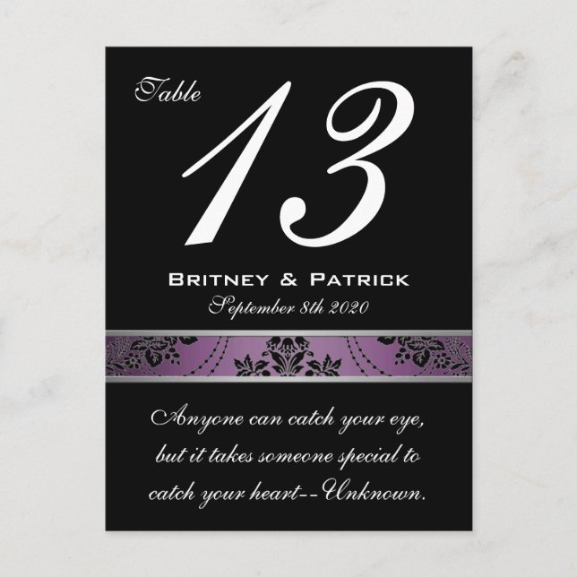 Purple Lapis Damask Table Number Card (Front)
