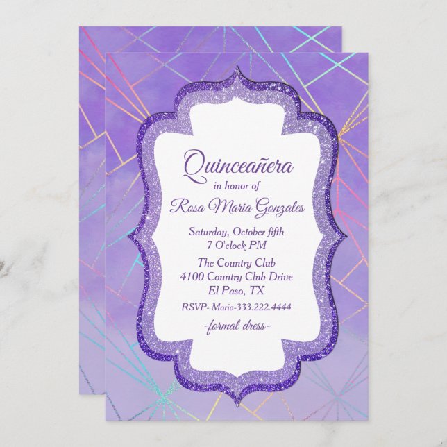 Purple Laser Light Show Quinceanera Invitation (Front/Back)