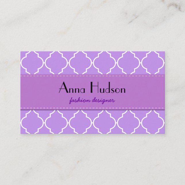 Purple Latticework, Quatrefoil, Moroccan Trellis Business Card (Front)