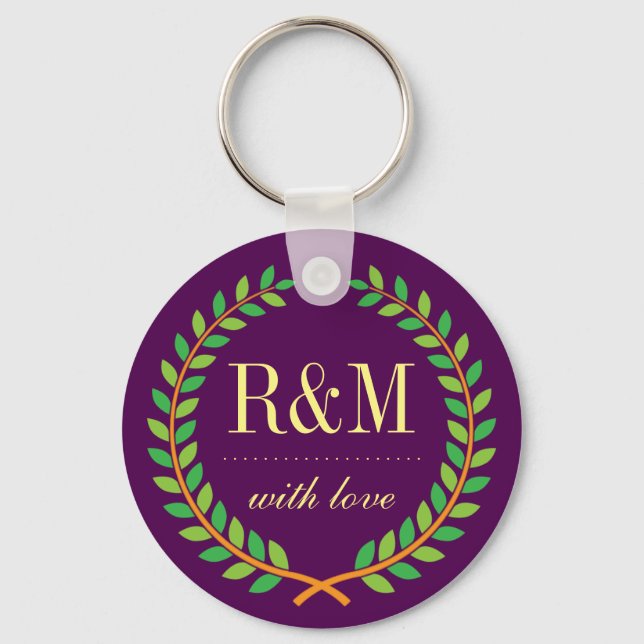 Purple Laurel Wreath Monogram Wedding Keychain (Front)