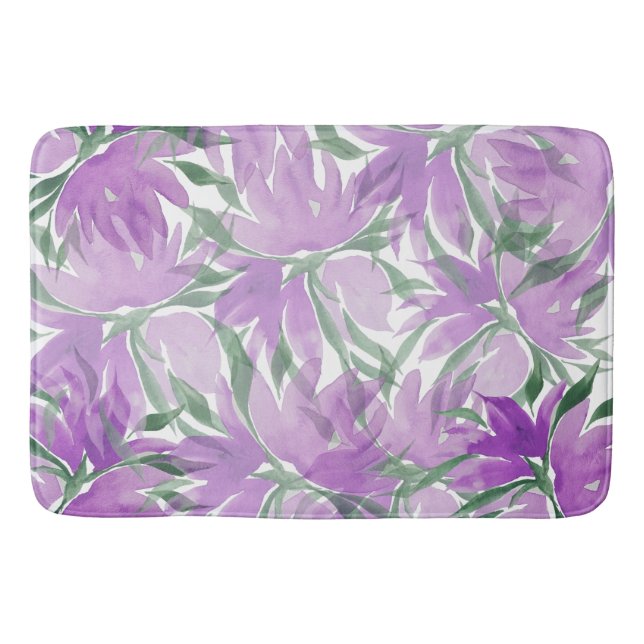 Purple Lavander Watercolor Elegant Floral Bath Mat (Front)