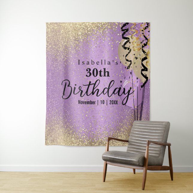 Purple Lavender and Gold Glitter Birthday  Tapestry (In Situ)