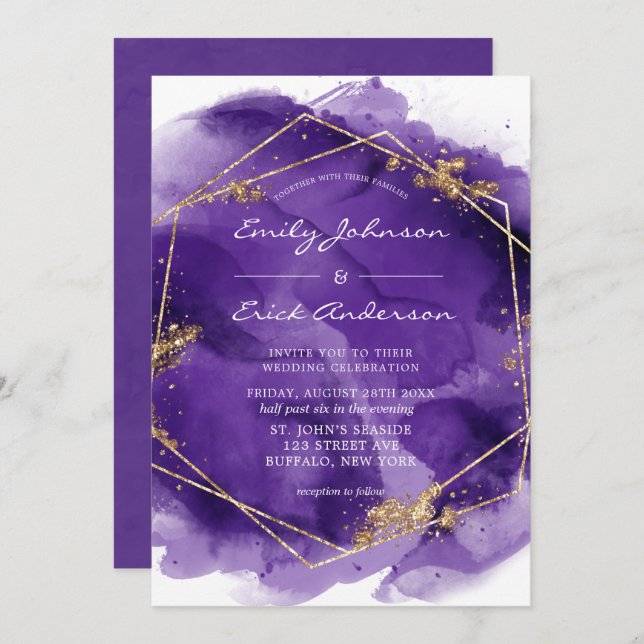 Purple Lavender and Gold Paint Geometric Wedding  Invitation (Front/Back)
