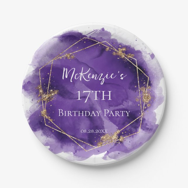 Purple Lavender and Gold Watercolor Birthday Party Paper Plate (Front)