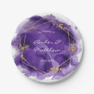 Purple Lavender and Gold Watercolor Wedding Paper Plate