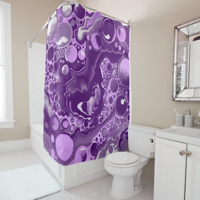 Purple. Lavender and Grey Marble Fluid Art Cells Shower Curtain (In Situ)
