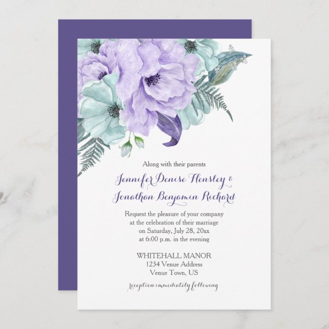 Purple Lavender and Mint Peonies Wedding Invitation (Front/Back)