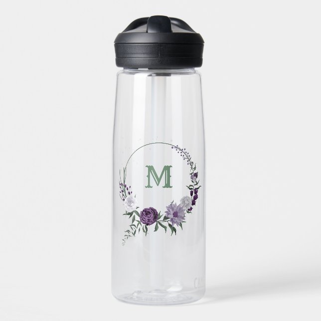 purple lavender and white flowers greenery water bottle (Front)