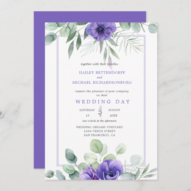 Purple Lavender Anemones and Greenery Border Invitation (Front/Back)