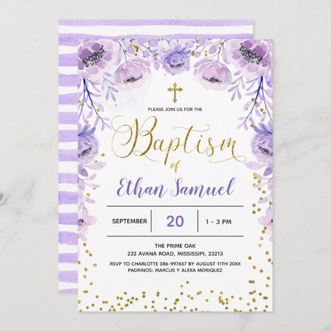 Purple Lavender Baptism Floral Invitation (Front/Back)
