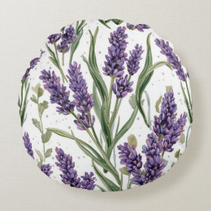 Purple Lavender Blooms Watercolor Botanical Round Cushion