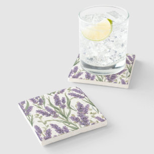 Purple Lavender Blooms Watercolor Botanical Stone Coaster