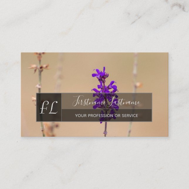 Purple lavender blossom grey rectangle monogram business card (Front)